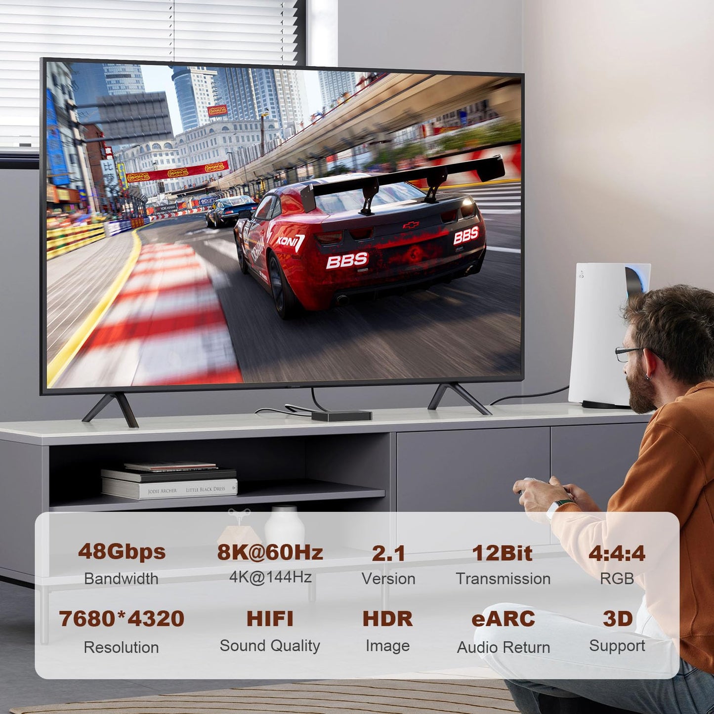 LAN-SAINTKAY 8K 4K Fiber Active Optic HDMI 2.1 Cable 50ft, 8K@60Hz 4K@120Hz High Speed 48Gbps Long HDMI Cord with Dynamic HDR/eARC/HDCP 2.2&2.3,Compatible for PS5 PS4 Desktop Monitor TV Box
