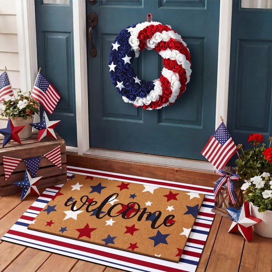 Breling 3 Pcs July 4th Patriotic Coir Door Mat and Wreath for Front Door Outdoor Americana Star Welcome Doormat Red White Blue Strip Memorial Day Decorations for Front Porch Entryway Outside Decor