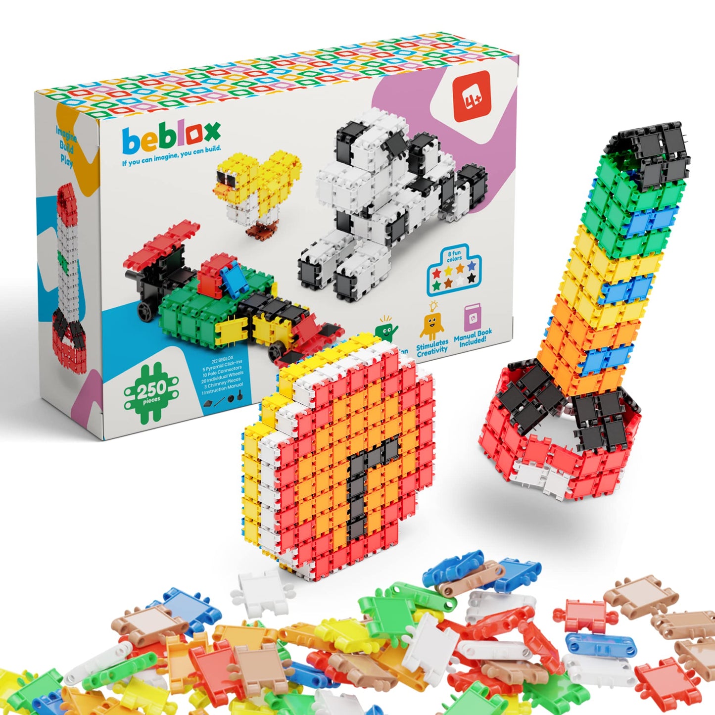 Beblox - Building Blocks for Kids - 250 Pieces Connecting Tiles Set - Interlocking Building Blocks for Kids, STEM Toys Kit, Fun and Educational Gifts for Kids