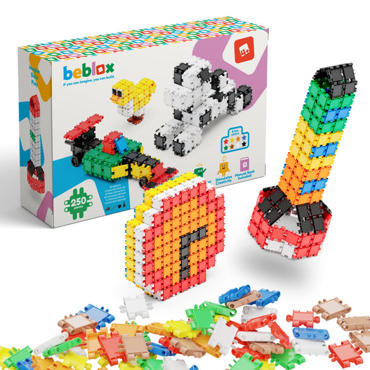 Beblox - Building Blocks for Kids - 250 Pieces Connecting Tiles Set - Interlocking Building Blocks for Kids, STEM Toys Kit, Fun and Educational Gifts for Kids
