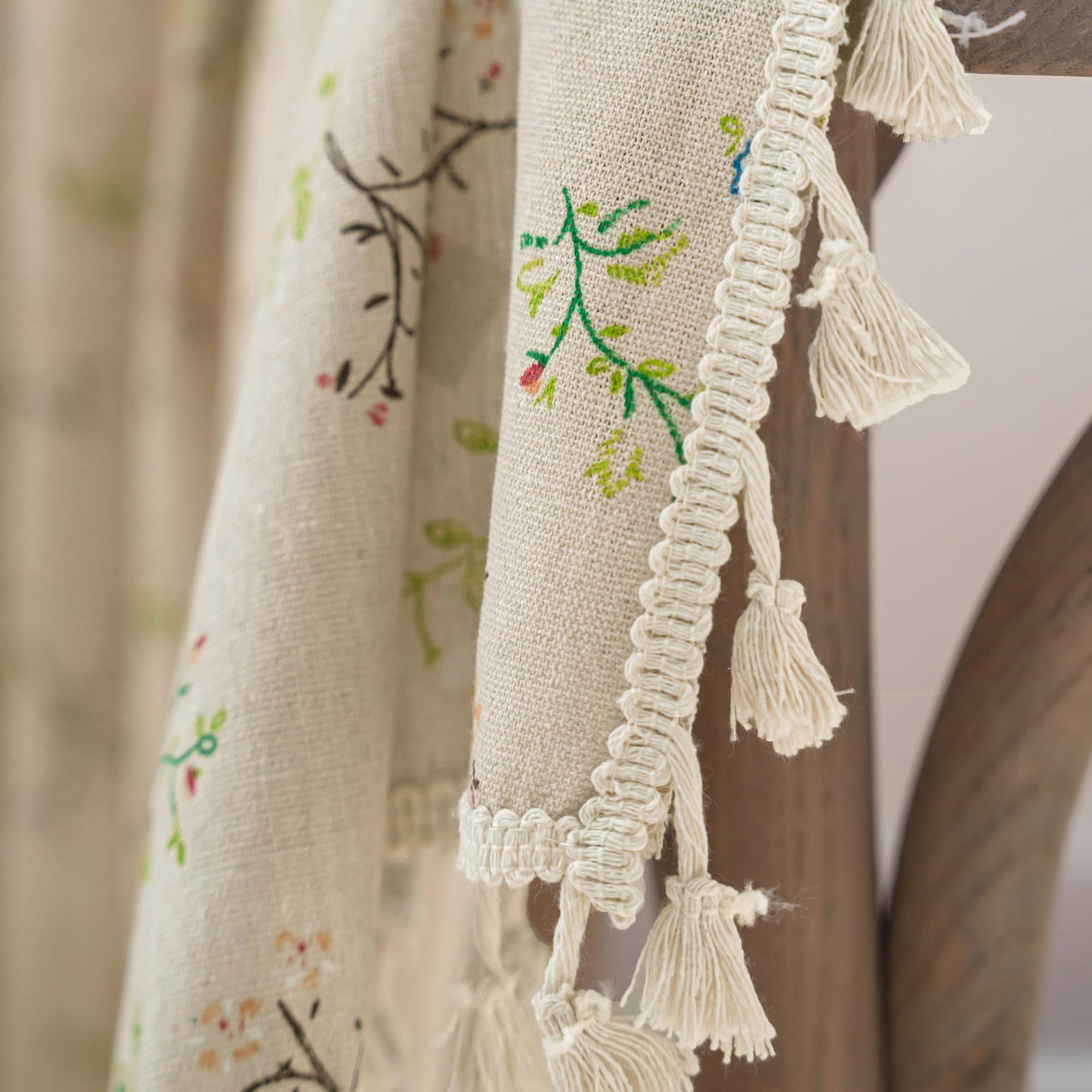 ENJOYBRIDAL Floral Bedroom Curtains 84 Inch Length 2 Panels Set Farmhouse Semi Sheer Living Room Drapes Cotton Linen Blend Bohemian Window Curtain Panels with Tassel Beige Rod Pocket Drapes