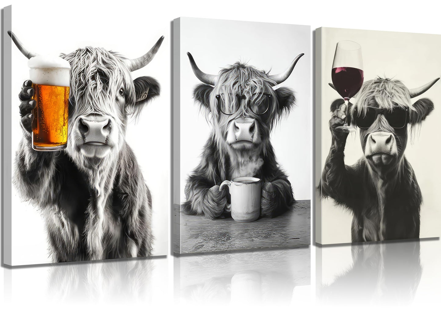 KKP Funny Highland Cow Wall Art Set of 3 - Canvas Prints Farmhouse Rustic Kitchen, Bar Cart & Dining Room Decor - Animal Lovers Home Decoration, Ready to Hang Gallery Wall Art