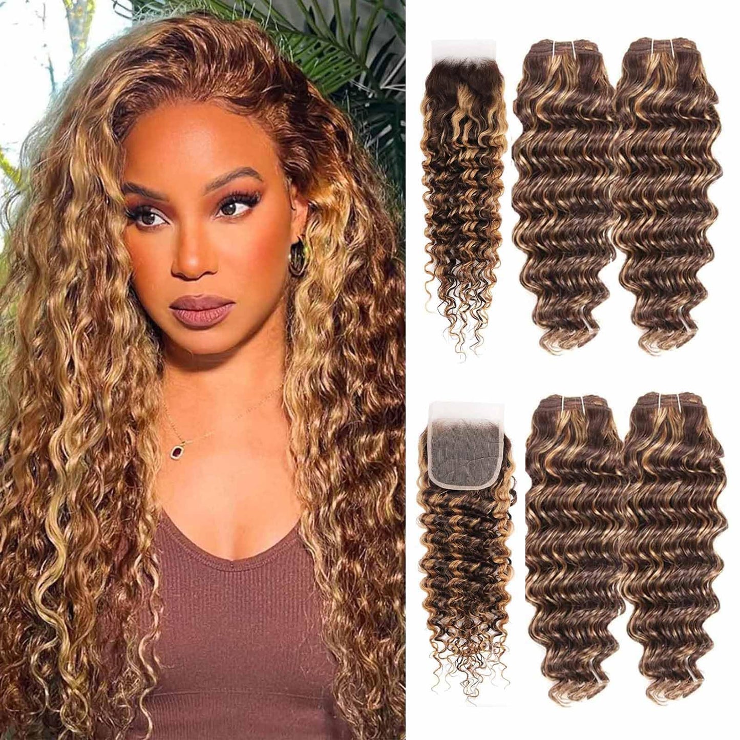 Highlight Bundles Human Hair with Closure, 10a Brazilian Deep Wave Human Hair 4 Bundles with 4x4 Closure 4/27 Color Ombre Bundles Human Hair (Highlight Deep Wave 16 18 20 22+16inch)