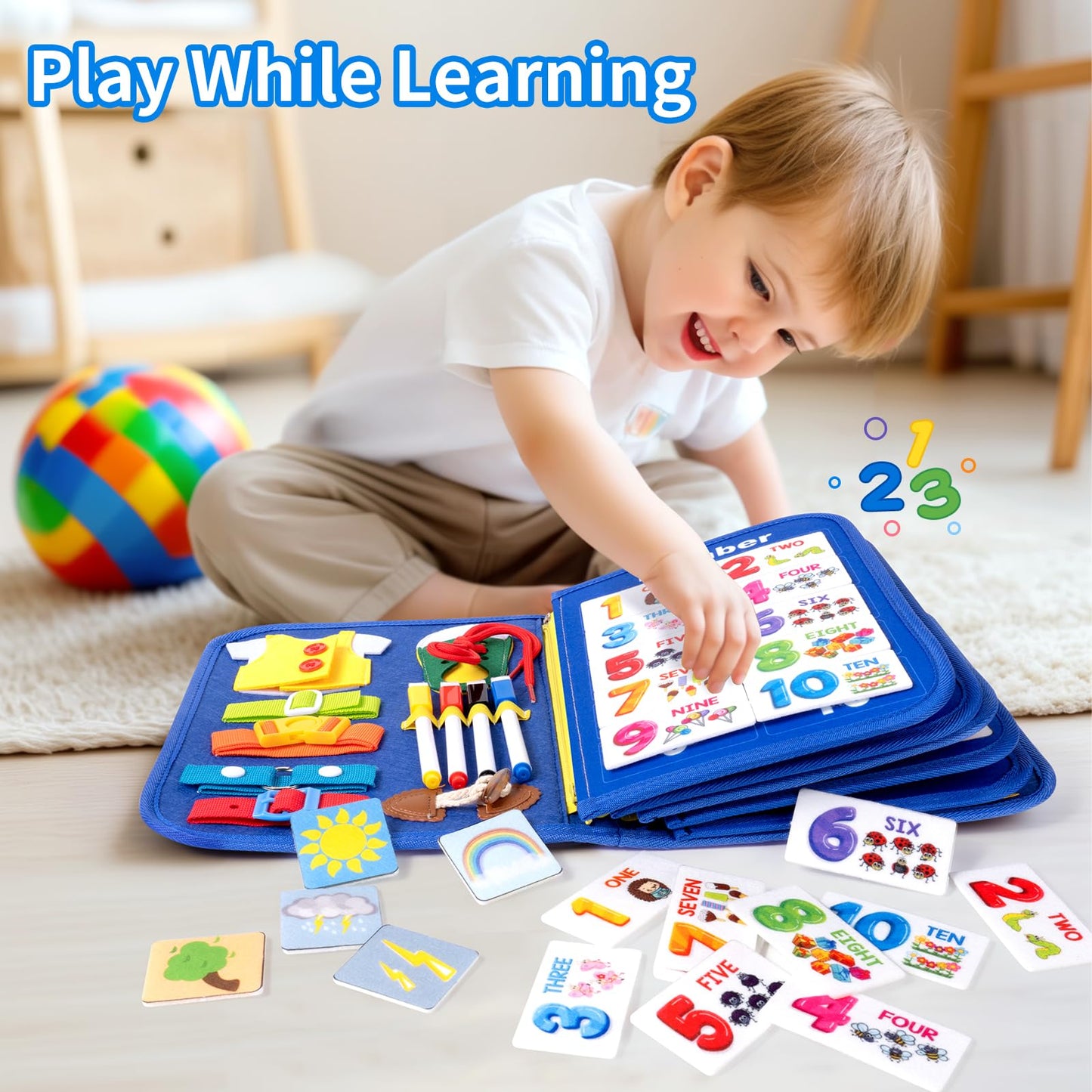 Toddler Busy Board Montessori Toys, 12-Page Busy Book, Quiet Educational Activity Book, Learning Sensory Toys for Motor Skills, Travel Toy for Car Airplane, Birthday Gifts for Boy Girl Kids (Blue)