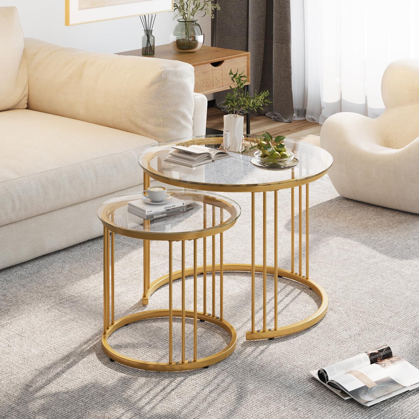 Garden 4 you Nesting Coffee Table, 23.6" Round Coffee Table Set of 2, Glass Nesting Table with Metal Frame, Ceter Tables for Living Room Bedroom Balcony, Gold