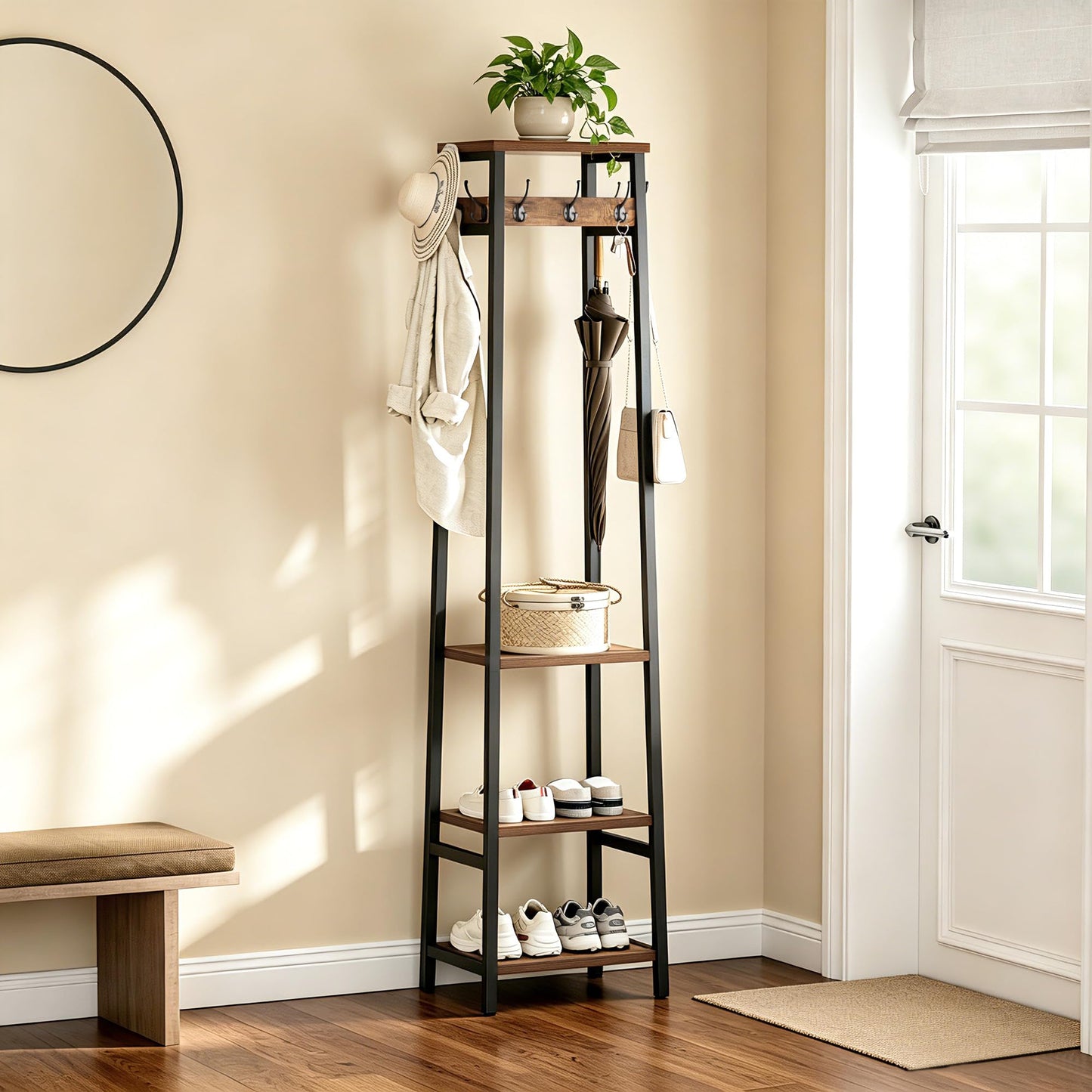 Cerlyunzan Coat Rack Freestanding, Coat Stand with 3 Shelves and 7 Hooks, Hall Tree Free Standing, Clothes Rack Stand Organizer, Industrial Style, Rustic Brown and Black