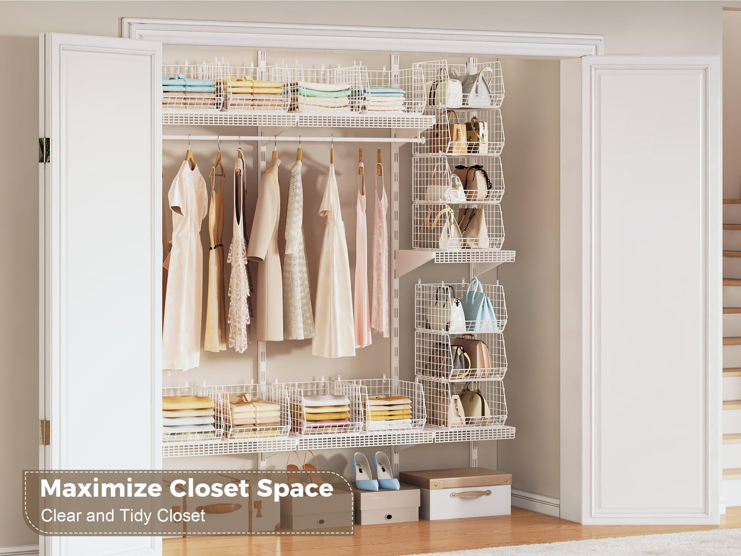 4" Extra Deeper Foldable Hanging Closet Organizer, Small Wire Cabinet Shelves and Storage with 5 S Hooks,4 Tier Metal Basket Bins for Clothes Sweaters Handbags, Wardrobe for Kitchen Laundry Room，White