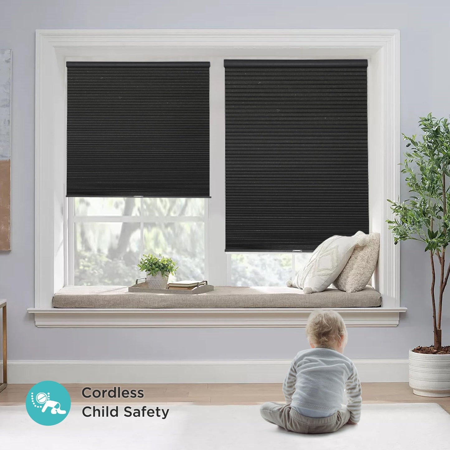 Joydeco Honeycomb Shades, Black Cordless Cellular Shades Blackout, Free-Stop Honeycomb Window Blinds for Bathroom, Bedroom, Living Room, Office, Kitchen (36" W x 64" H)