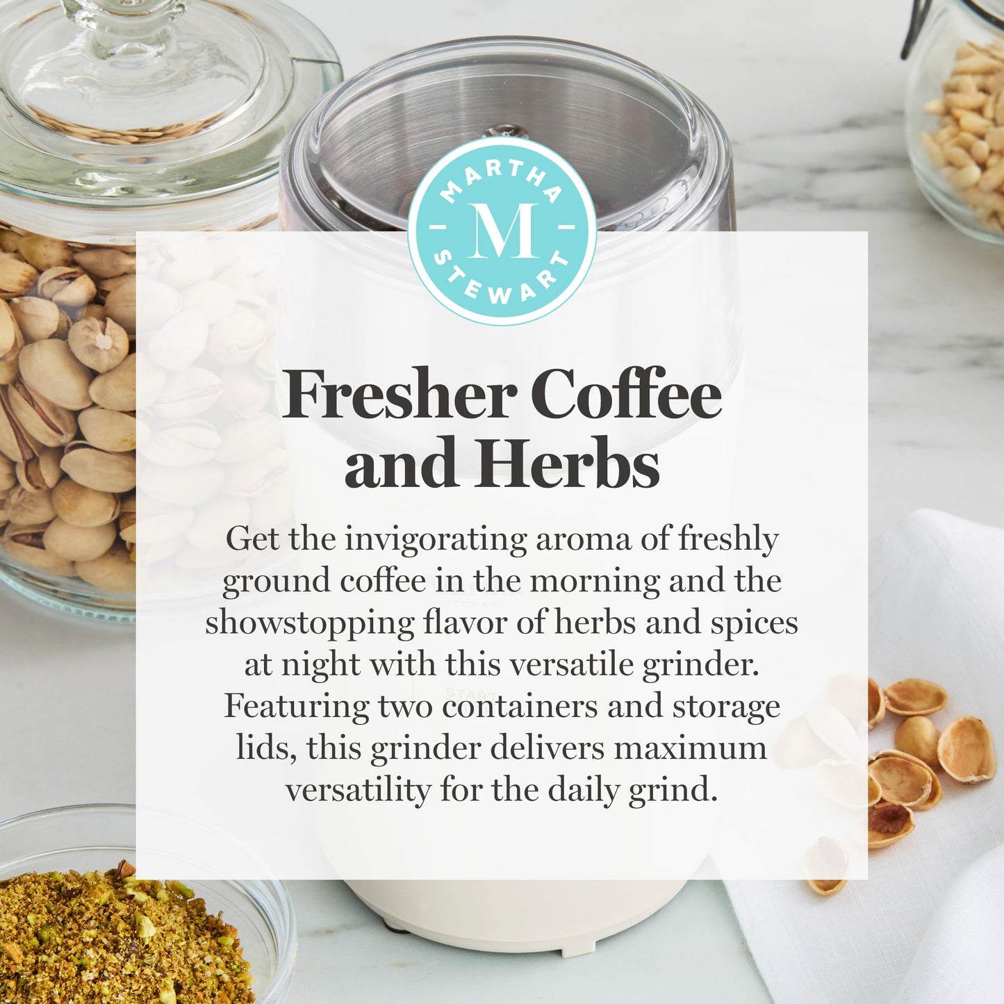 Martha Stewart Electric Coffee & Spice Grinder, Dual 2.5oz Removable Bowls, Storage Lids, Stainless Steel Blades, One Touch Pulse Control, 2-in-1 Compact, Beans & Spices, Herbs & Nuts, Linen Cream