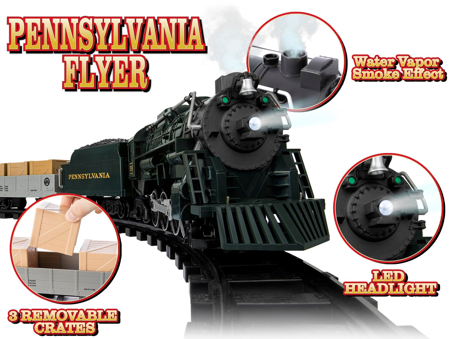 Lionel Battery-Operated Pennsylvania Flyer Freight Toy Train Set with Bluetooth, Locomotive, Train Cars, & Track with Authentic Train Sounds, Lights, & Water Vapor Smoke Effects for Kids 4+