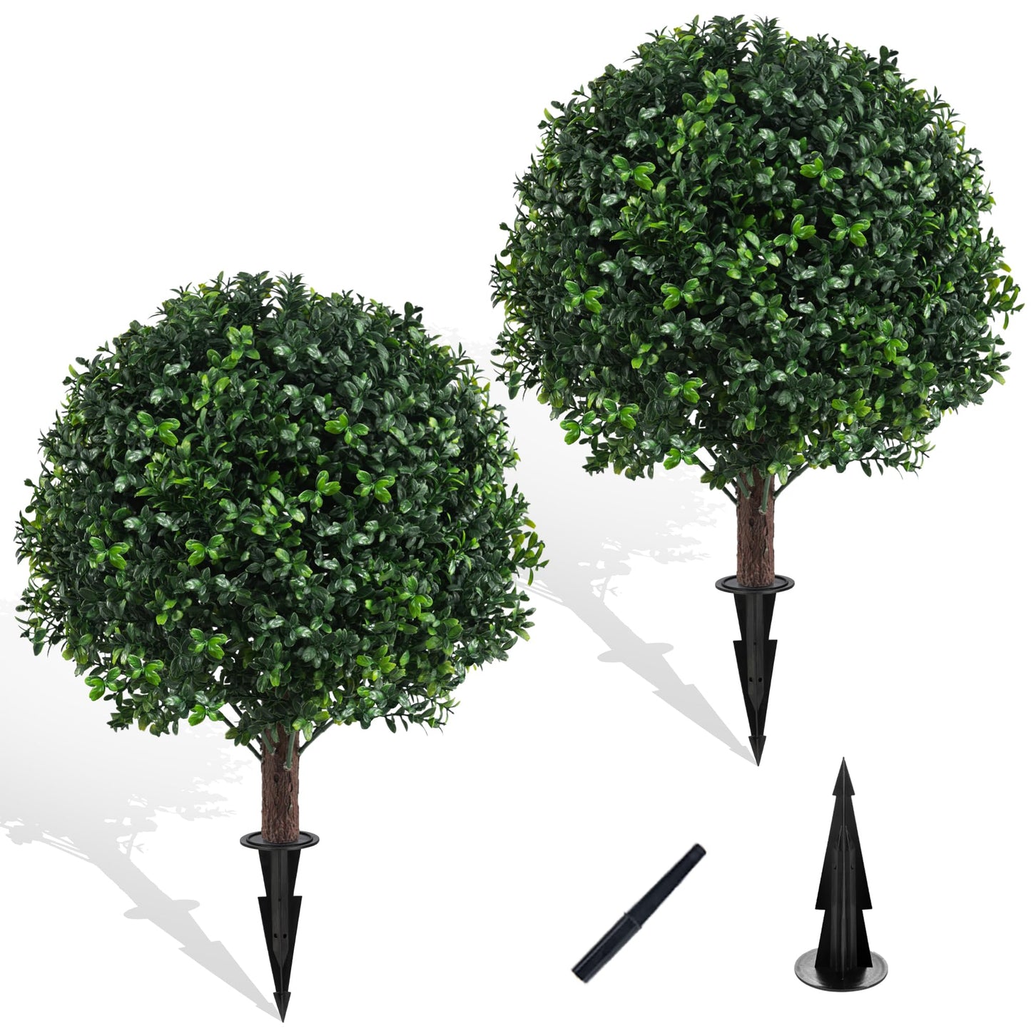 Grewyear Artificial Boxwood Topiary Ball Bush for Outdoor with Spike, Set of 2 UV Resistant Faux Boxwood Ball Tree with Stake, Weatherproof Fake Round Topiary Shrub Plant for Front Porch Planter