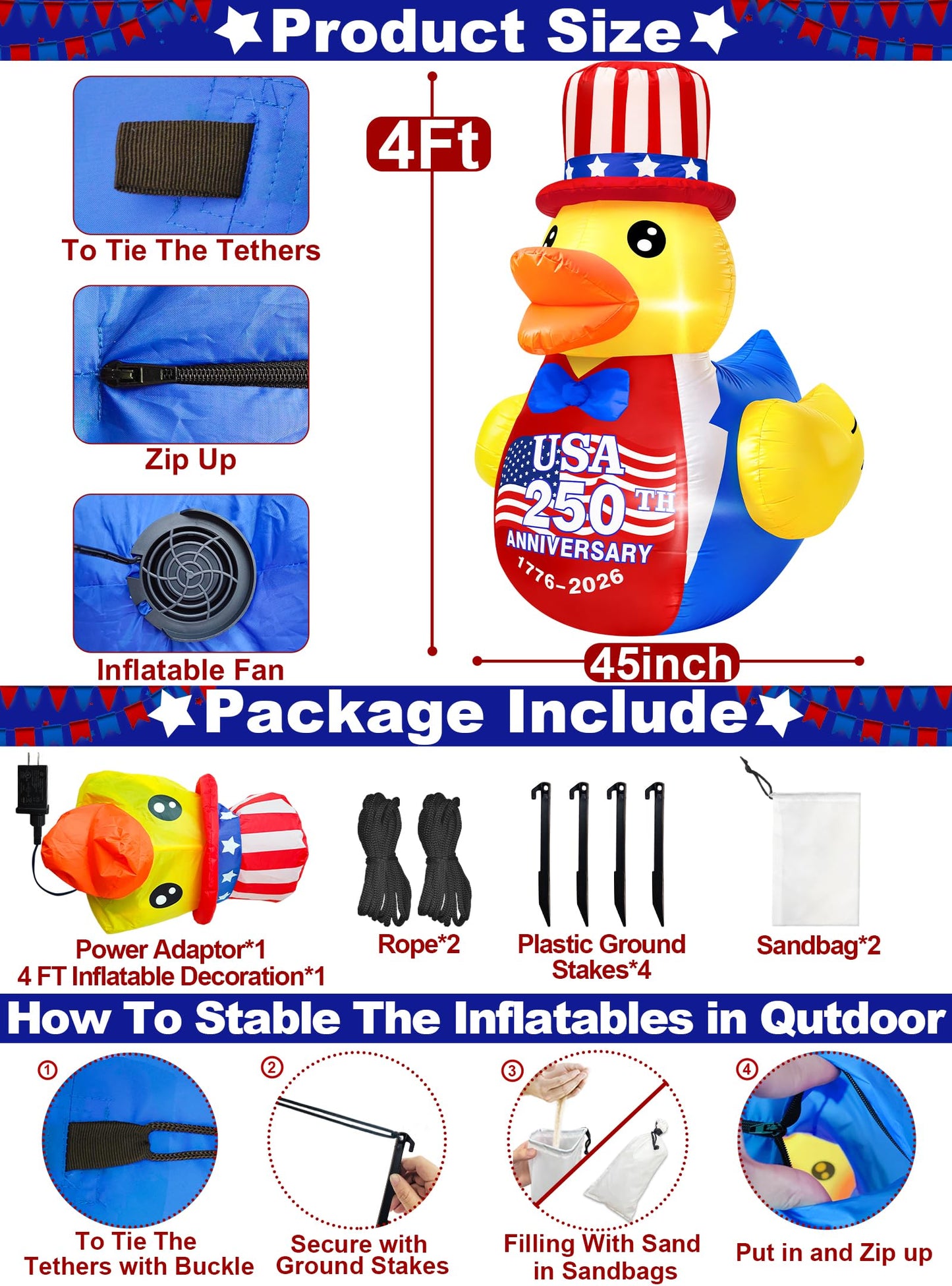 4FT 4th of July Inflatables Outdoor Decorations, Patriotic Blow Up Inflatable Duck with Amarican Flag Hat Built-in LEDs for USA 250th Anniversary Fourth of July Independence Day Yard Garden Lawn Decor