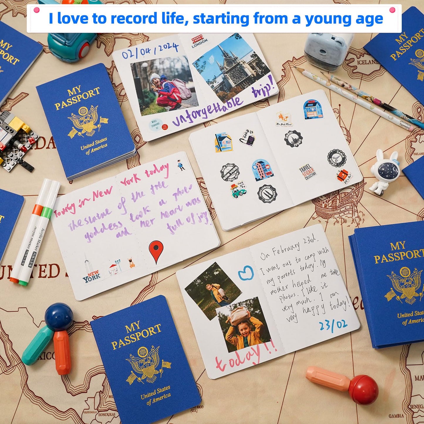 XIISVINT 100 Pcs Blank Passport Notebook Blue Passport Book Fake Passport Travel Journal Sticker Collection Book for Kids School Projects World Travel Pretend Activity Party Favors, 5.51x3.9 Inch