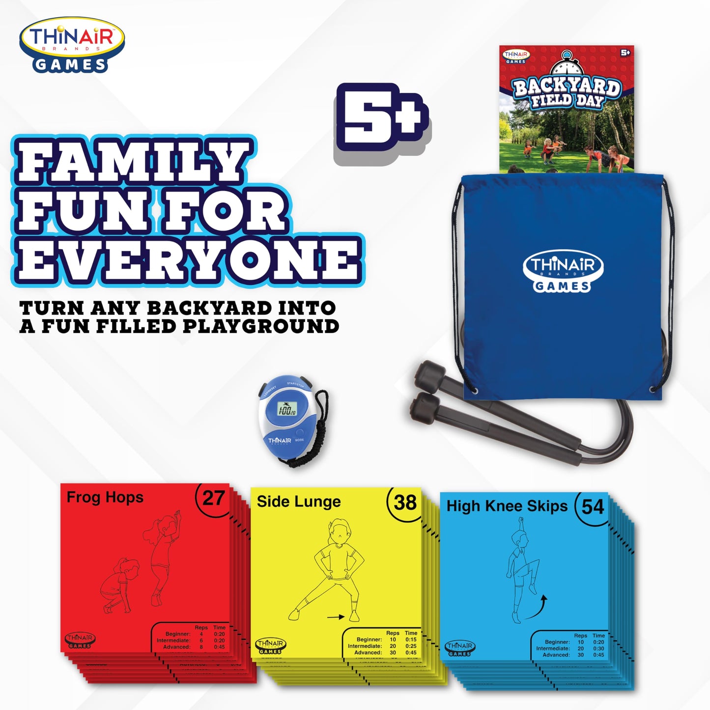 Backyard Field Day Obstacle Course Game – 27 Double-Sided Foam Challenge Tiles with 54 Kid-Friendly Exercises, Stopwatch, Jump Rope & Carry Bag – Outdoor Fitness Fun for Kids & Families