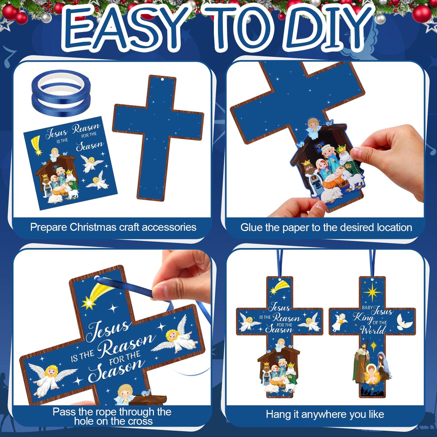 Watersay 48 Set Religious Cross Craft Kit Christian DIY Paper Crafts Make Your Own Hanging Ornament Crafts for Sunday School VBS Church Classroom Art Project Home Activities (Christmas,Blue)