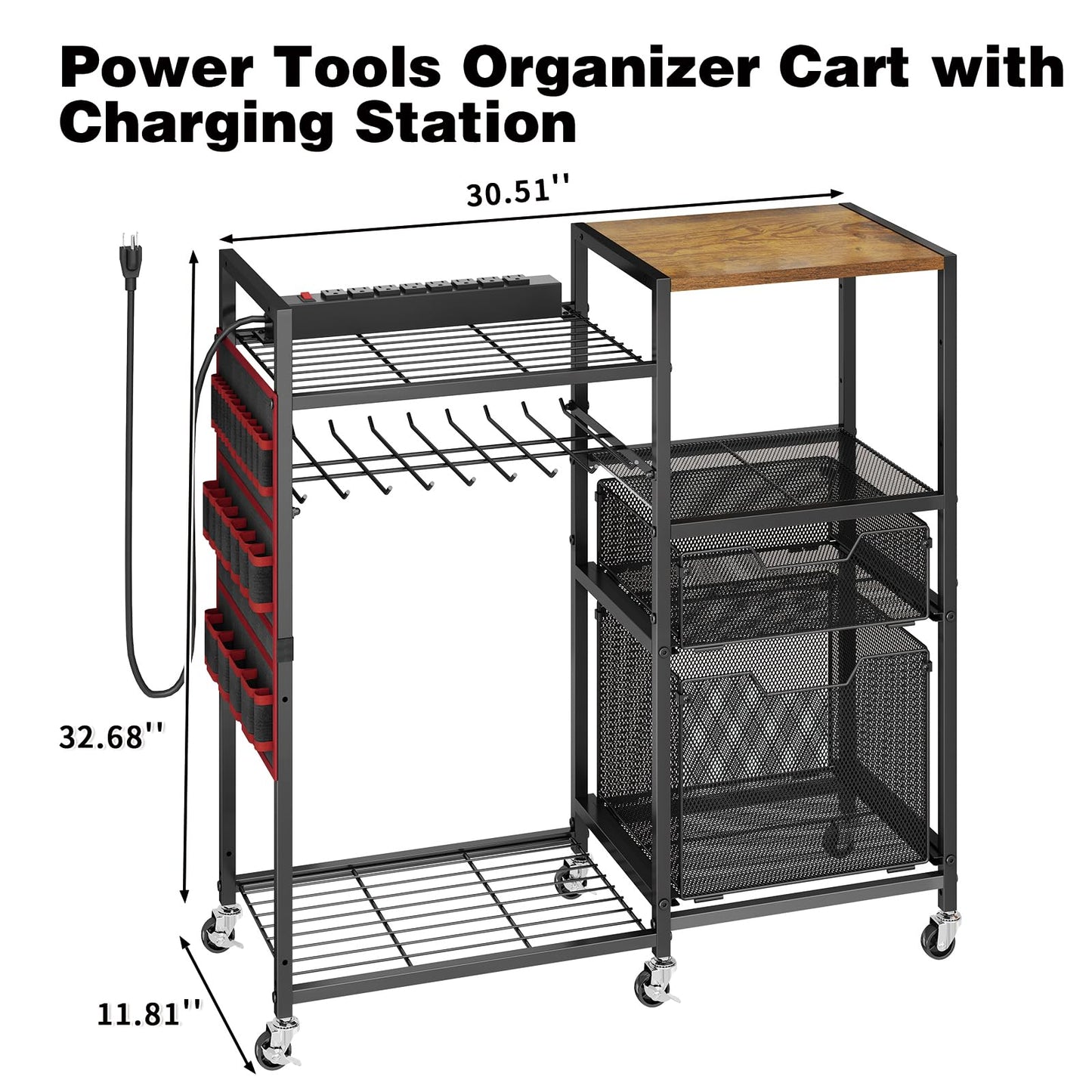 Large Power Tool Organizer Cart with Charging Station, 8 Slots for Cordless Drill Holder with Drawers, Rolling Storage Cart with 8 Power Outlet Heavy Duty Garage Organizer with Wheels for Men