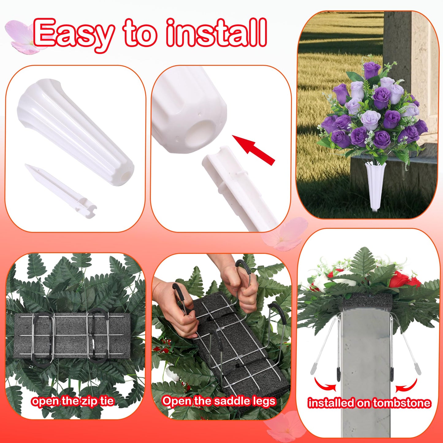 LOSFOTBO 3pcs Headstone Flowers Saddle for Tombstone,Cemetery Flower Memorial Bouquet with Vase,Rose Headstone Flowers Saddle (Purple)
