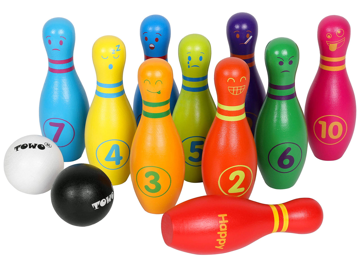 TOWO Wooden Skittles for Children - Wooden Skittle Set with Animal Faces and Numbers - 10 Pin Bowling Set for Kids - Wooden Toys for 2 Year Old