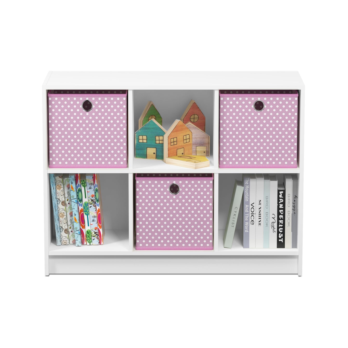 Furinno BASIC Book Shelf, 6-Cube Bookshelf with Open Shelf, 3 x 2 Bookcase with Storage Bins, Closed Back, Horizontal, 11.9 x 31.6 x 23.6, for Living Room, Bedroom, Home Office, White/Pink