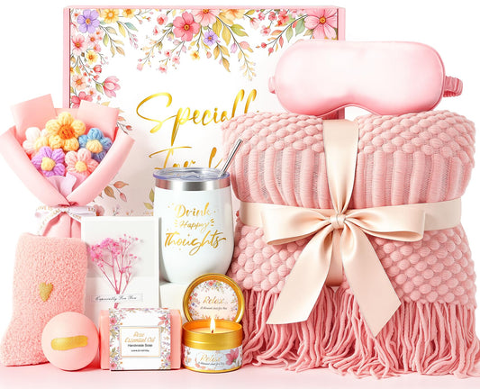 Birthday Gifts for Women,Mothers Day Gifts for Mom,Valentines Day Gift for Her,Self Care Spa Gift Basket with Blanket Candle Bath Bomb,Relaxing Spa Set,Get Well Package,for Mom Wife Sister Best Friend