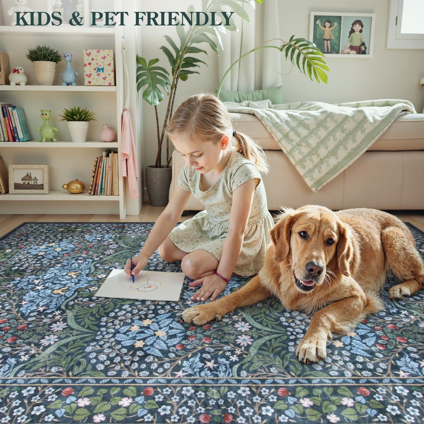 Lahome Floral Washable Area Rugs 5x7, Soft Blue Rugs for Living Room Bedroom, Boho Non Slip Low Pile Forest Stain Resistance Large Throw Carpet for Farmhouse Dining Room Office, Blue