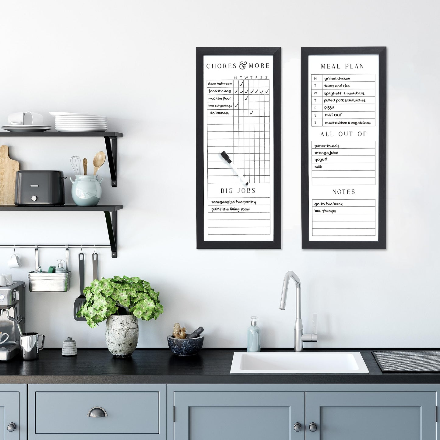 Sheffield Home Set of Two Family Planner Dry Erase Boards Featuring, Chore Chart, Shopping List, Weekly Meal Planner and Notes, 9x21 Inch, Black