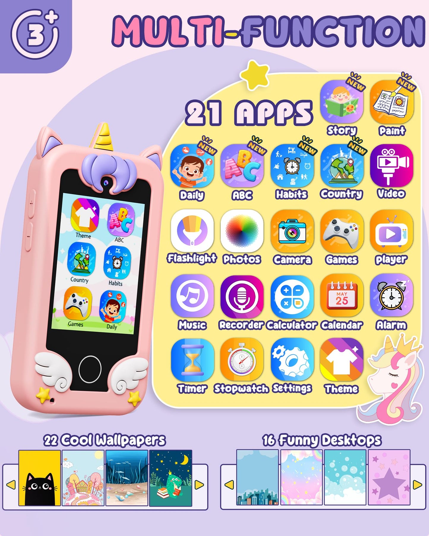 UCIDCI Kids Smart Phone Toys for Girls Ages 3-7 with Dual Camera - Kids Phone with Learning Games, Travel Toys with MP3 Music Player for Christmas, Birthday Gifts for 3 4 5 6 7 Year Old Boys