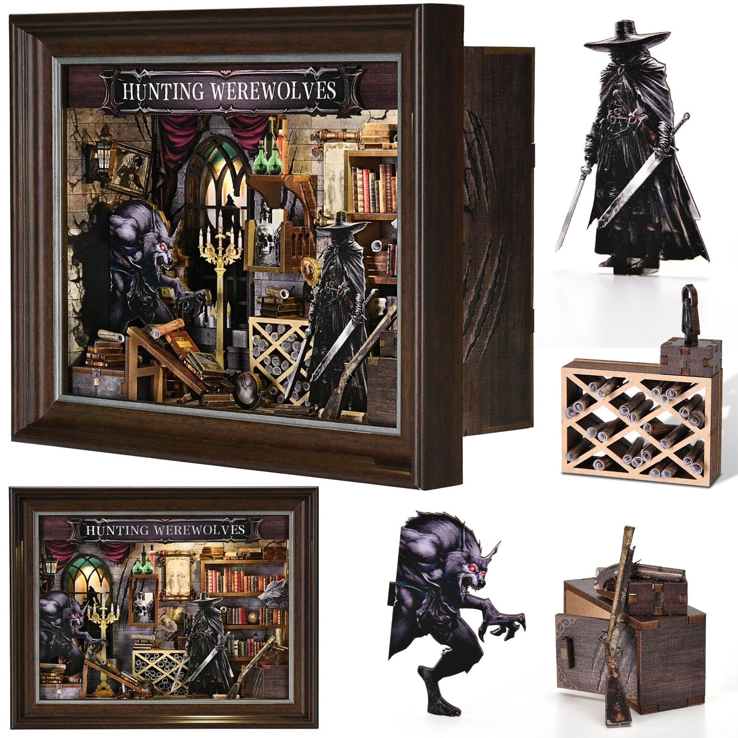 Book Nook Kit-3D Wooden Puzzle with LED Switch Control & Wall-Mountable Frame,DIY Miniature House for Beginners,Bookshelf/Tabletop/Wall Decor for Craft Lovers,Dollhouse Gift,Hunting Werewolves