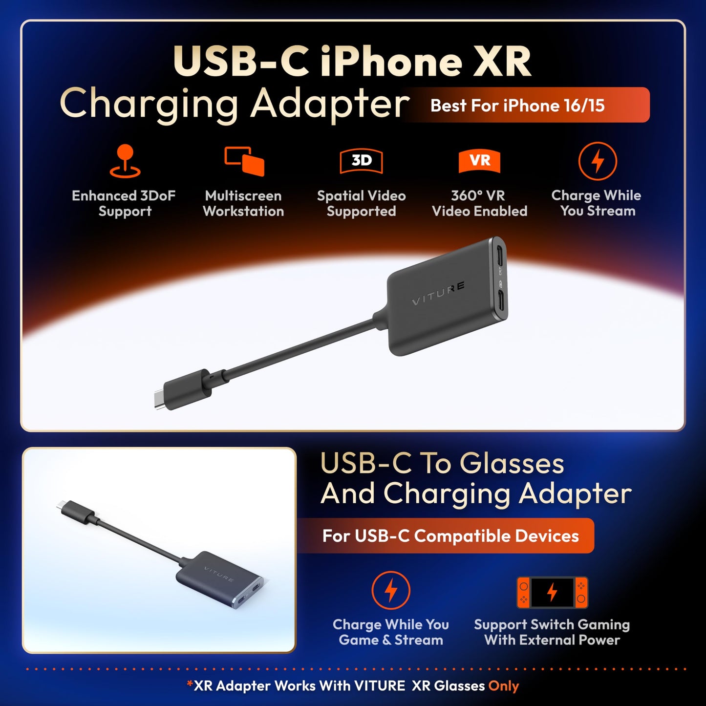 VITURE USB- C XR Charging Adapter for iPhone 16/15, Enabling Multi-Screen, Enhanced 3DoF, Spatial 3D, VR Video Features, Fits iPhone 16/15, Charge and Play for Other Devices