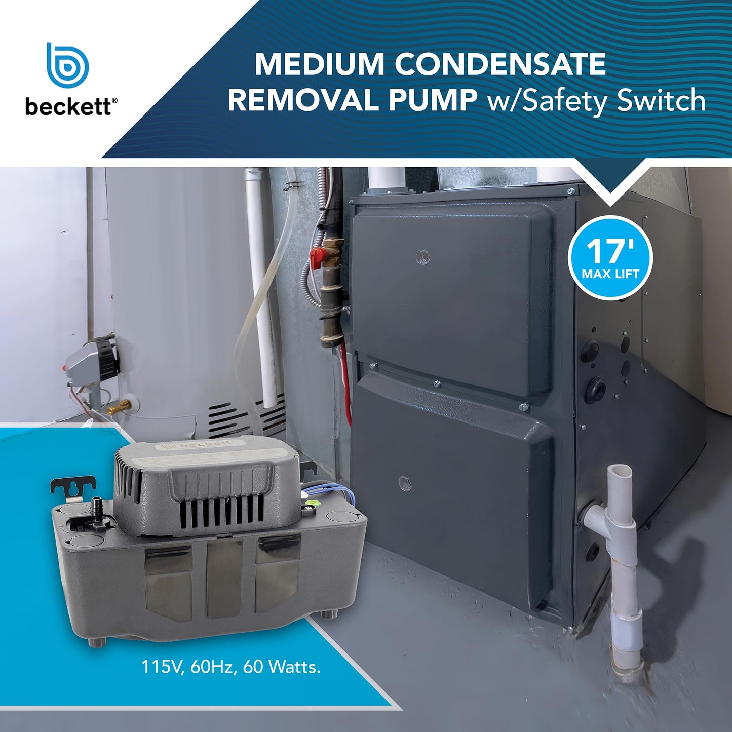 Beckett BK171UL Condensate Pump with Safety Switch, 115V, 17 ft Max Lift, 112 GPH, Automatic On/Off Operation, Black