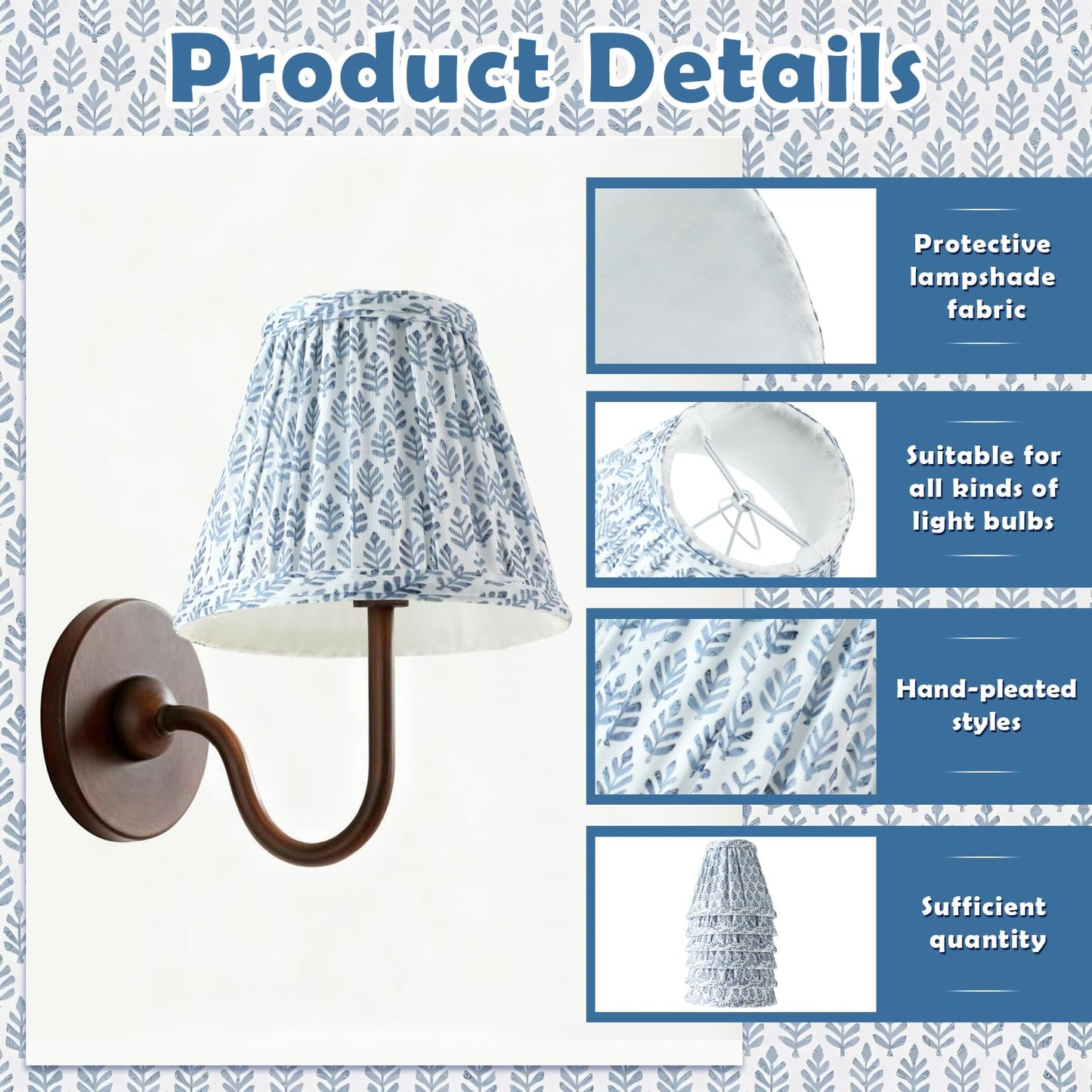 VIHOSE 6 Pcs Pleated Chandelier Lamp Shades 3" Top x 5.5" Bottom x 4.7" Slant Small Lampshades Clip on Bulb Classic Pleated Style Bulb Covers for Wall Sconces Pendant Lighting (Blue Tree)
