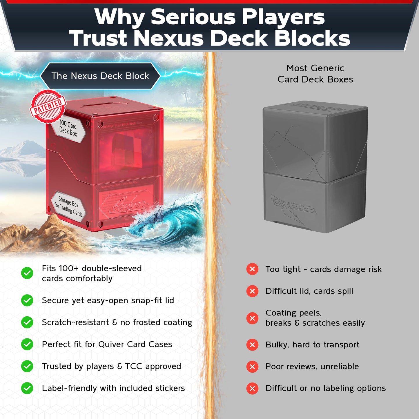Quiver Time 360° Modular Nexus DeckBlock - Durable Stackable MTG Deck Box for Commander fits 100+ Cards | Stylish 100 Card Deck Box MTG | Interchangeable TCG Decks Boxes (6 pcs, WUBRG + Clear)