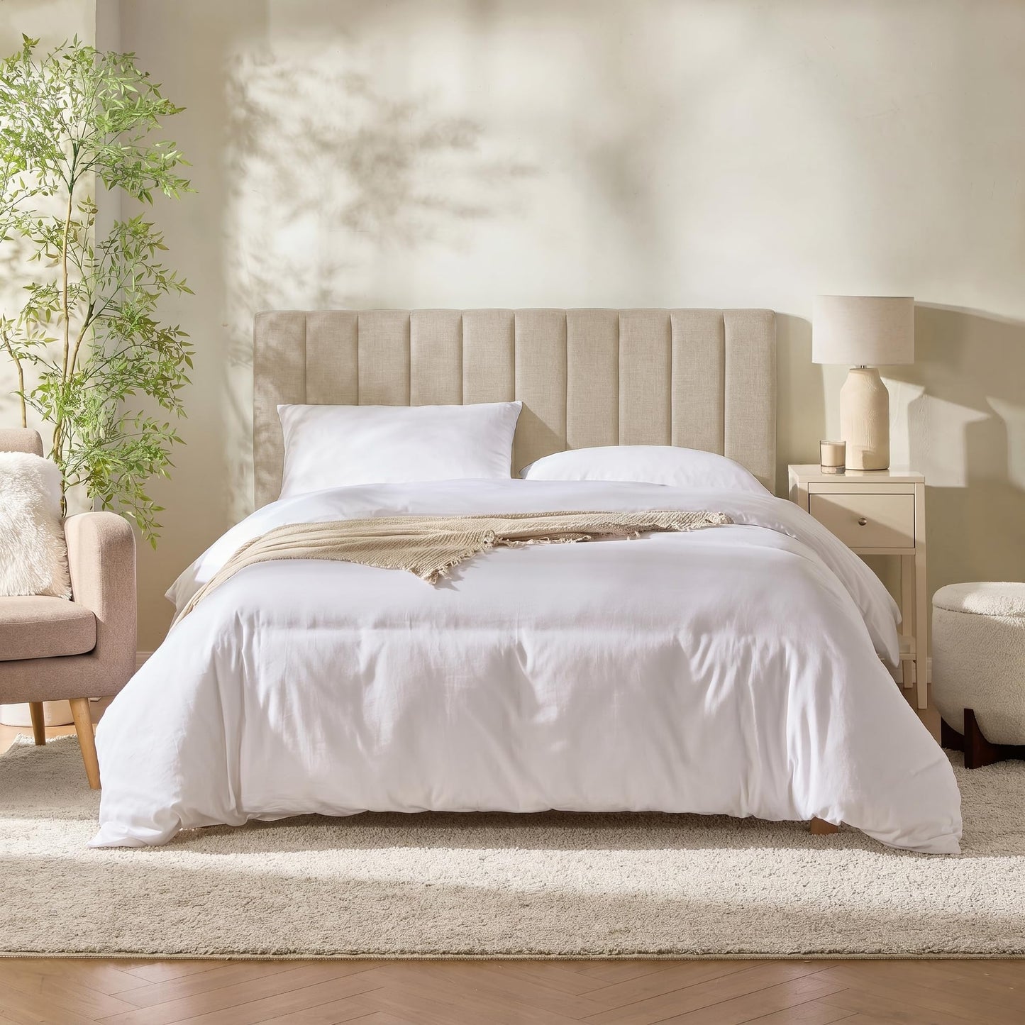 Hearth & Harbor Upholstered Full Headboard - Easy Assemble Channel Stitched Headboard Full Size - Wall Mounted Headboards with 3D Soundproof Wall Panels Peel & Stick Floating Headboards, Beige