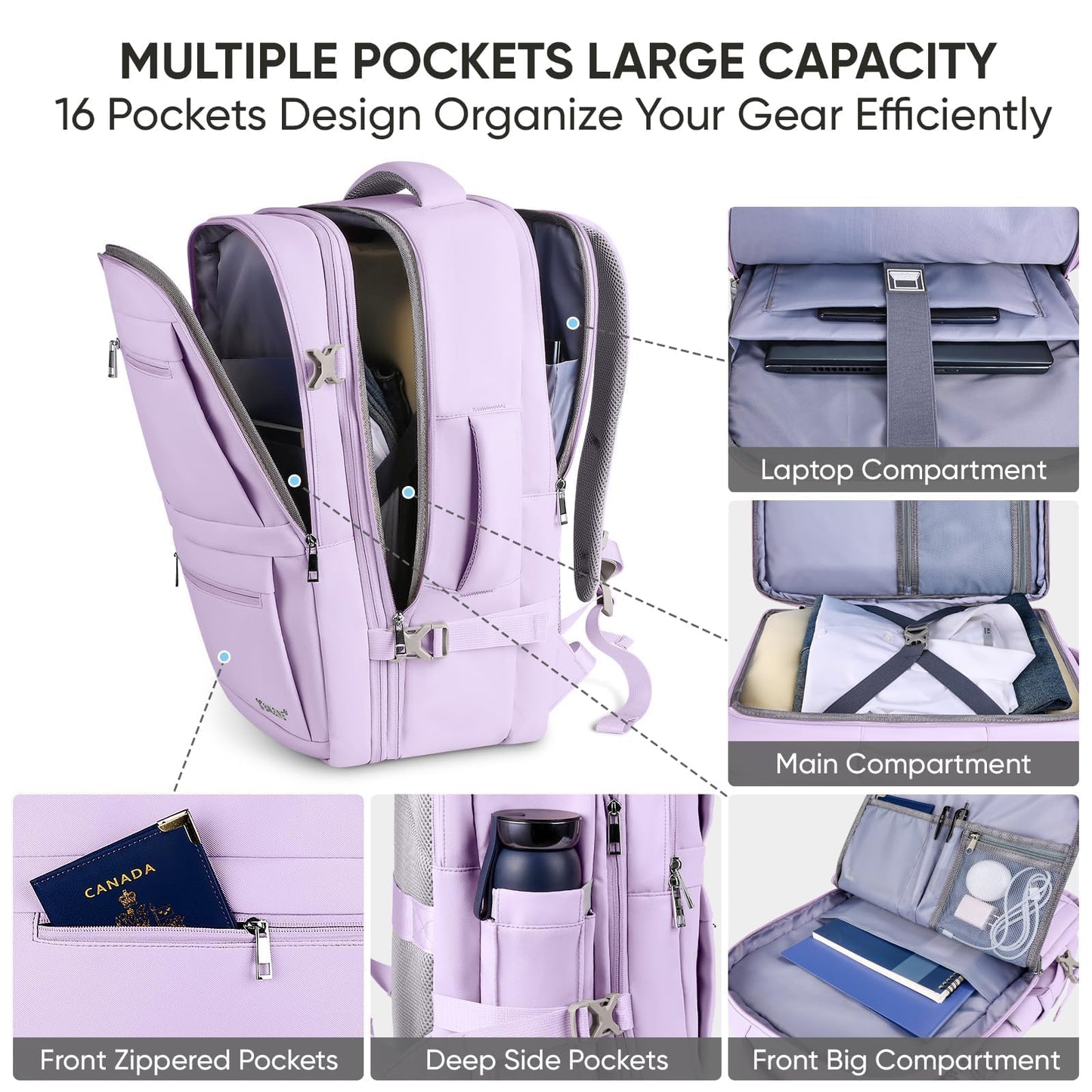 BALEINE Travel Backpack for Women Men, Large Sturdy Carry On Laptop Backpack Gifts for Business, Casual, Weekender, Hiking (XL, Lavender)