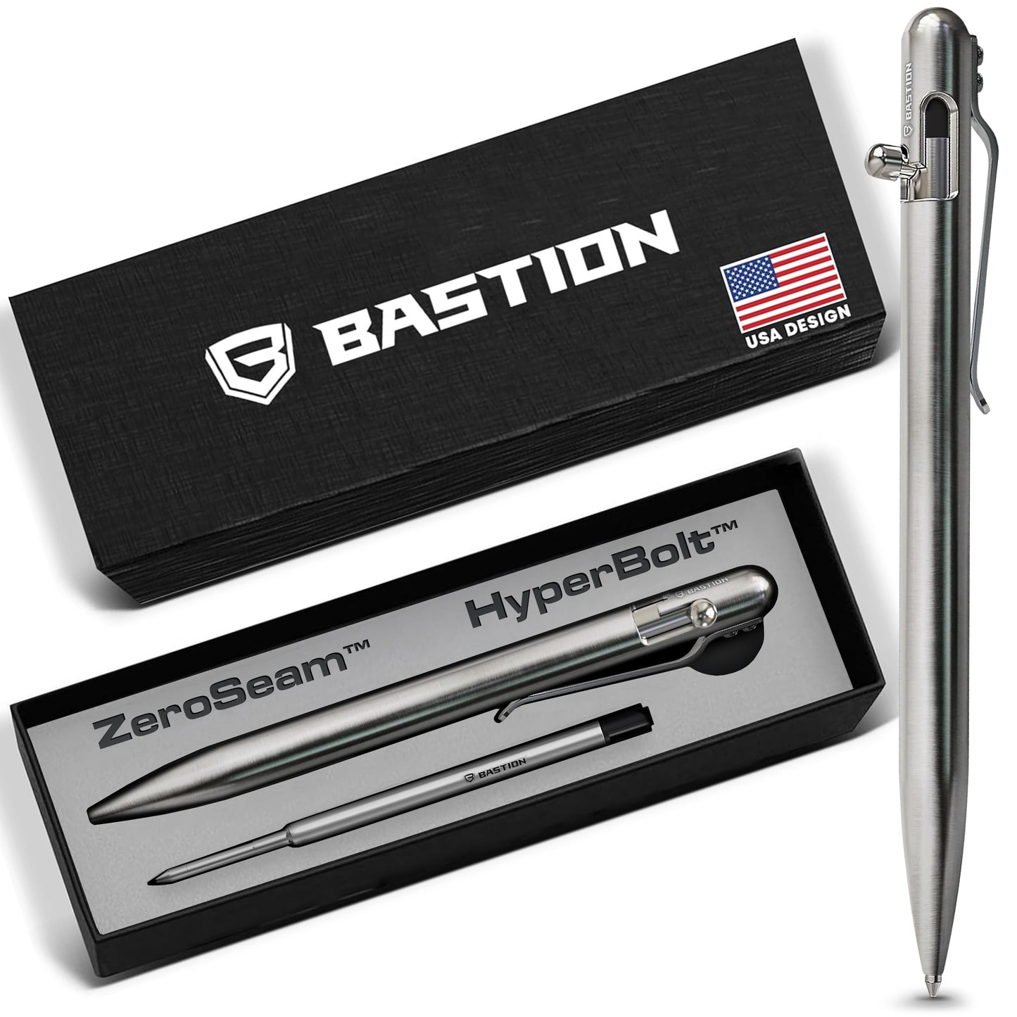 BASTION Bolt Action Pen, Stainless Steel Silver Slim, HyperBolt & ZeroSeam EDC Pen, Refillable Metal Writing Pen, Premium Graduation Gift, Executive Pocket Pen
