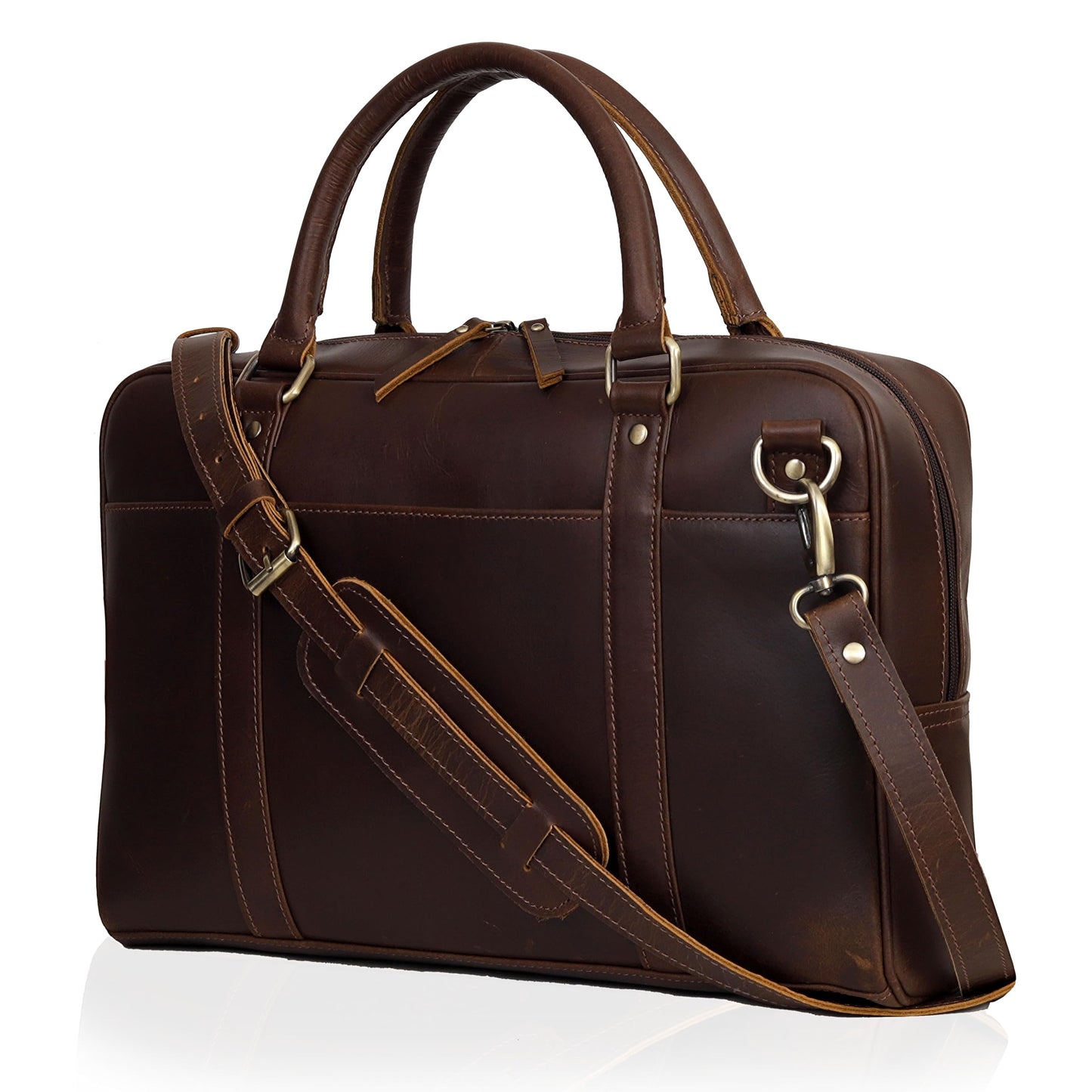 Premium Leather Briefcase for Men and Women, Full Grain Cow Leather Laptop Sleeve Gift, Handcrafted Laptop Bag with Multiple Compartments and Brass Hardware