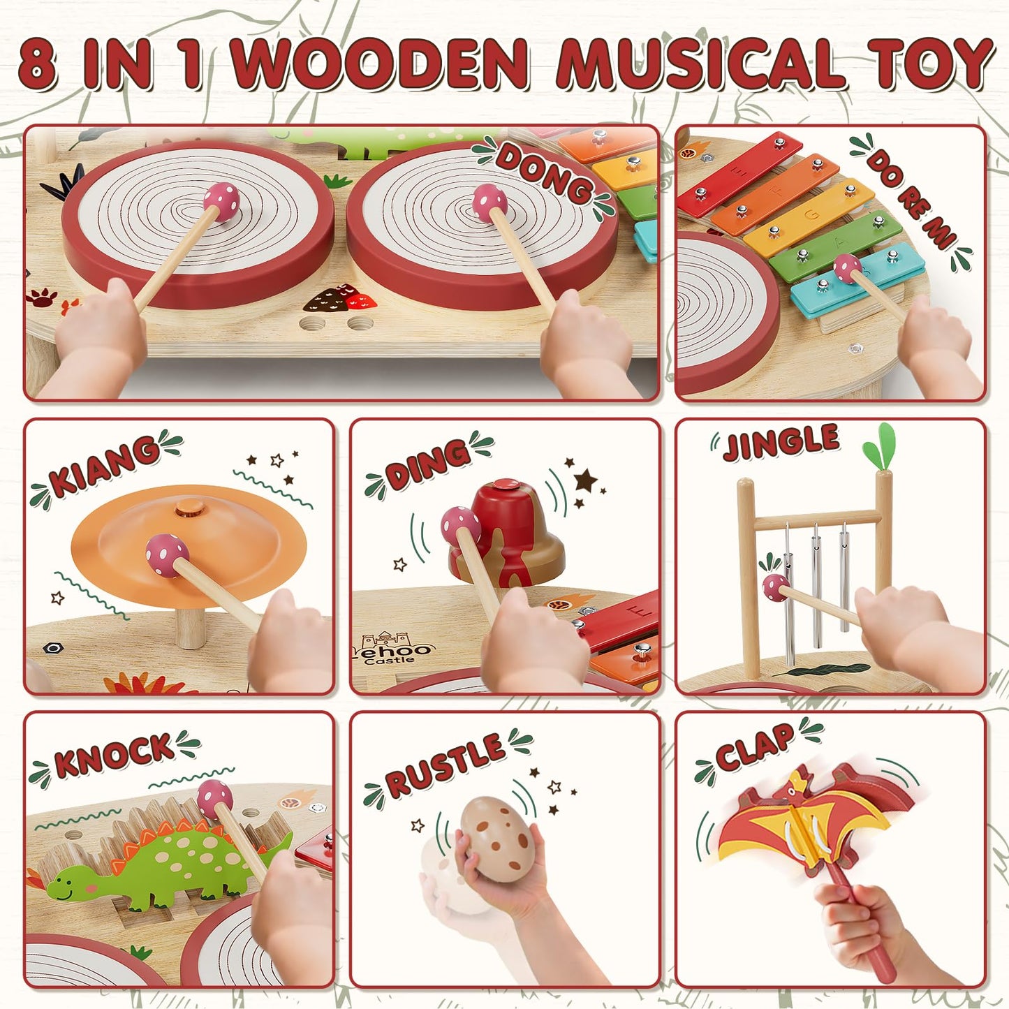 Lehoo Castle Toddler Drum Set, Montessori Educational Toys for 1 2 3 Year Old, Wooden Musical Instruments for Toddlers 1-3, Baby Musical Toys for 6-12 Month, 1 Year Old Boys Girls Birthday Gifts