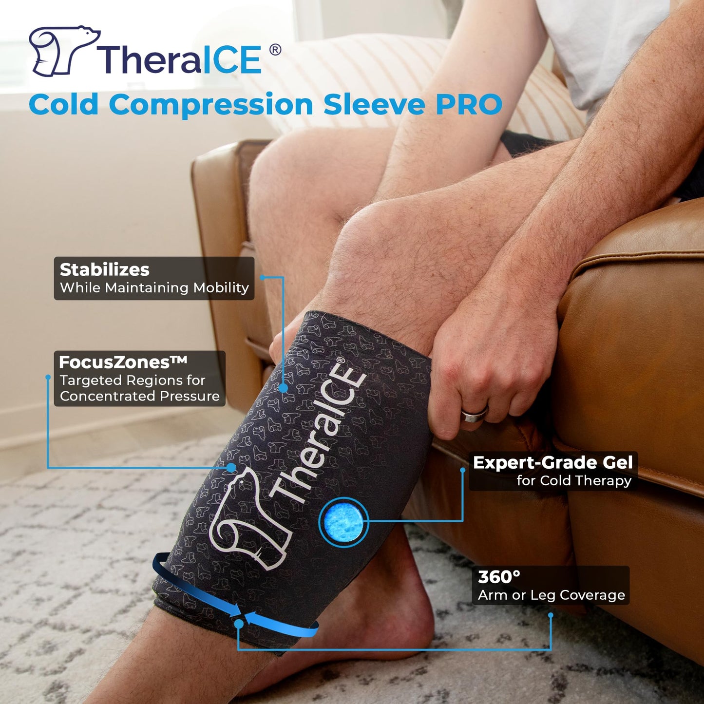 TheraICE Knee Ice Pack Wrap PRO Compression Sleeve, Reusable Gel Cold Packs Brace Also for Elbow, Ankle & Calf - Flexible Cold Wrap Recovery, FocusZone Technology for Extra Cooling & Pressure (M)