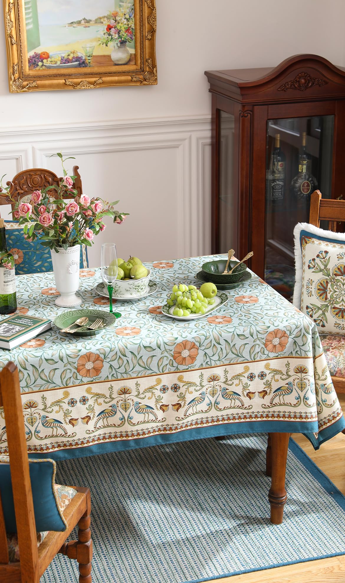 patdrea Designer French Rectangle Table Cloth,Blue Italian Floral Tablecloths,Provencal Country Spring Summer Linen Tablecloth,Wrinkle Free Table Cover for Kitchen Dining,Christmas,55" x 71"
