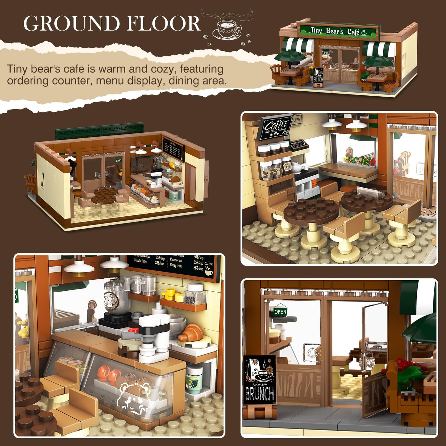 INSOON City Coffee House Building Set with Light, 1173 PCS Cafe Shop Building Block Toy with Ordering Counter Baking Room, Architecture Construction Model for Adults Teens Kids Boys Girls Ages 6-12+