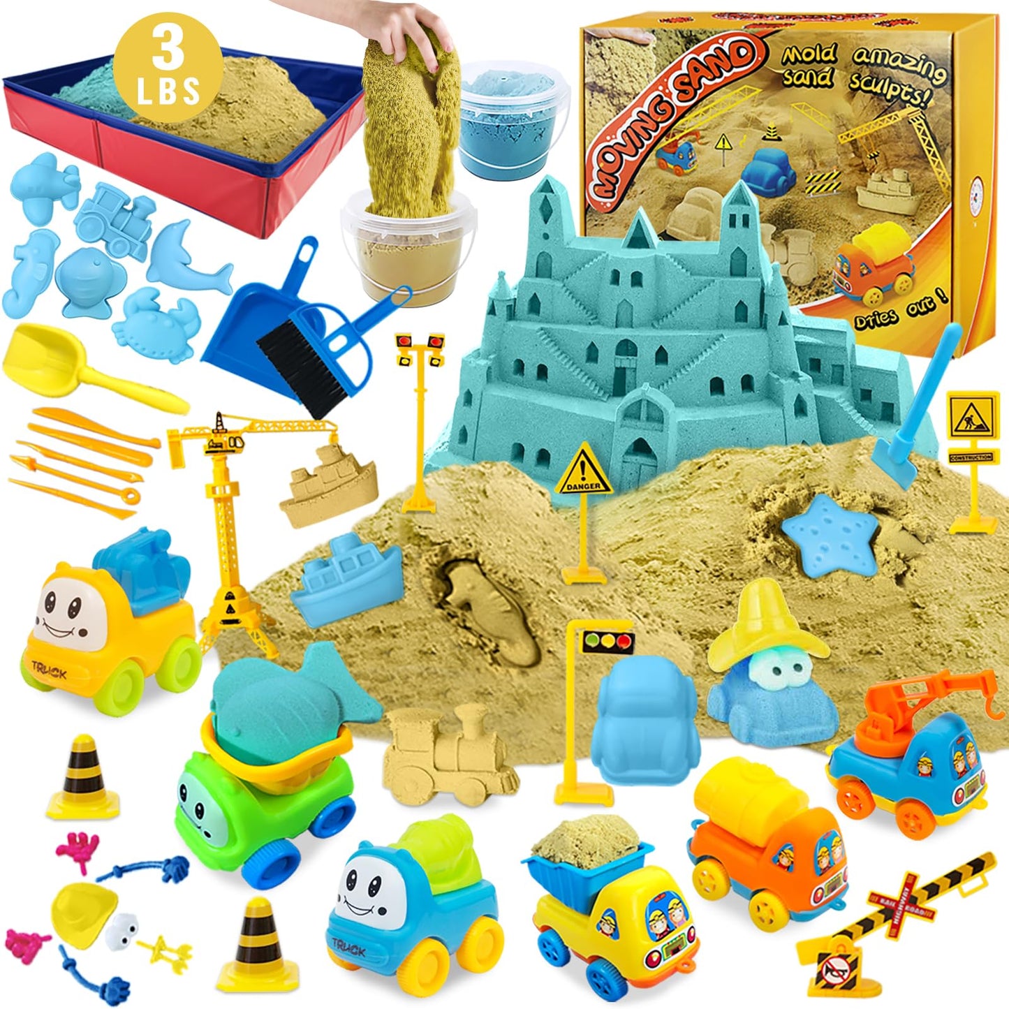 Play Construction Sand Kit - 3lbs Sand with 2 Colors, 6 Mini Construction Trucks, Construction Toys and Signs, Animal Mold, Modeling Tools, Foldable Sandbox with Clean Set Gifts for Boys Girls