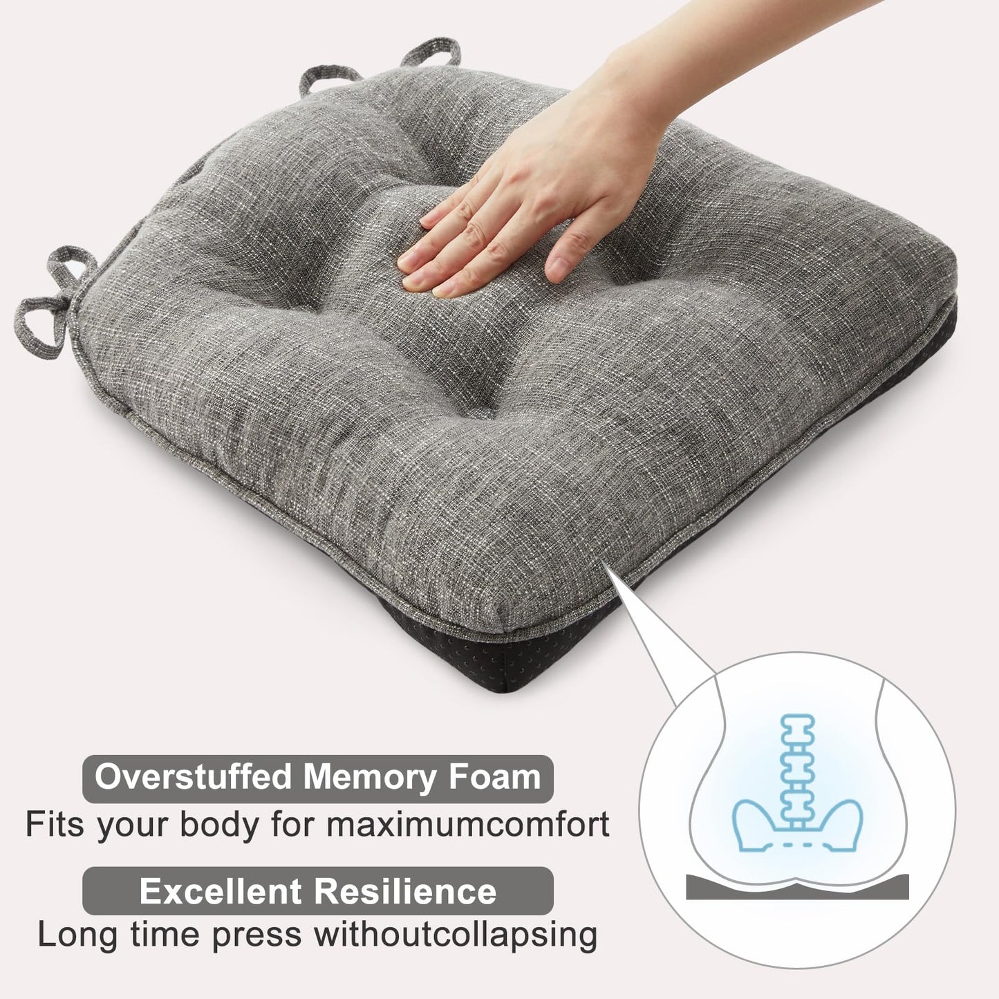 Quilmfoam 16.5"x15.5" Kitchen Chair Cushions Set of 4 for Dining Chair, Soft Tufted Non-Slip Memory Foam Seat Cushion with Ties for Indoor Kitchen Dining Furniture, Dark Grey