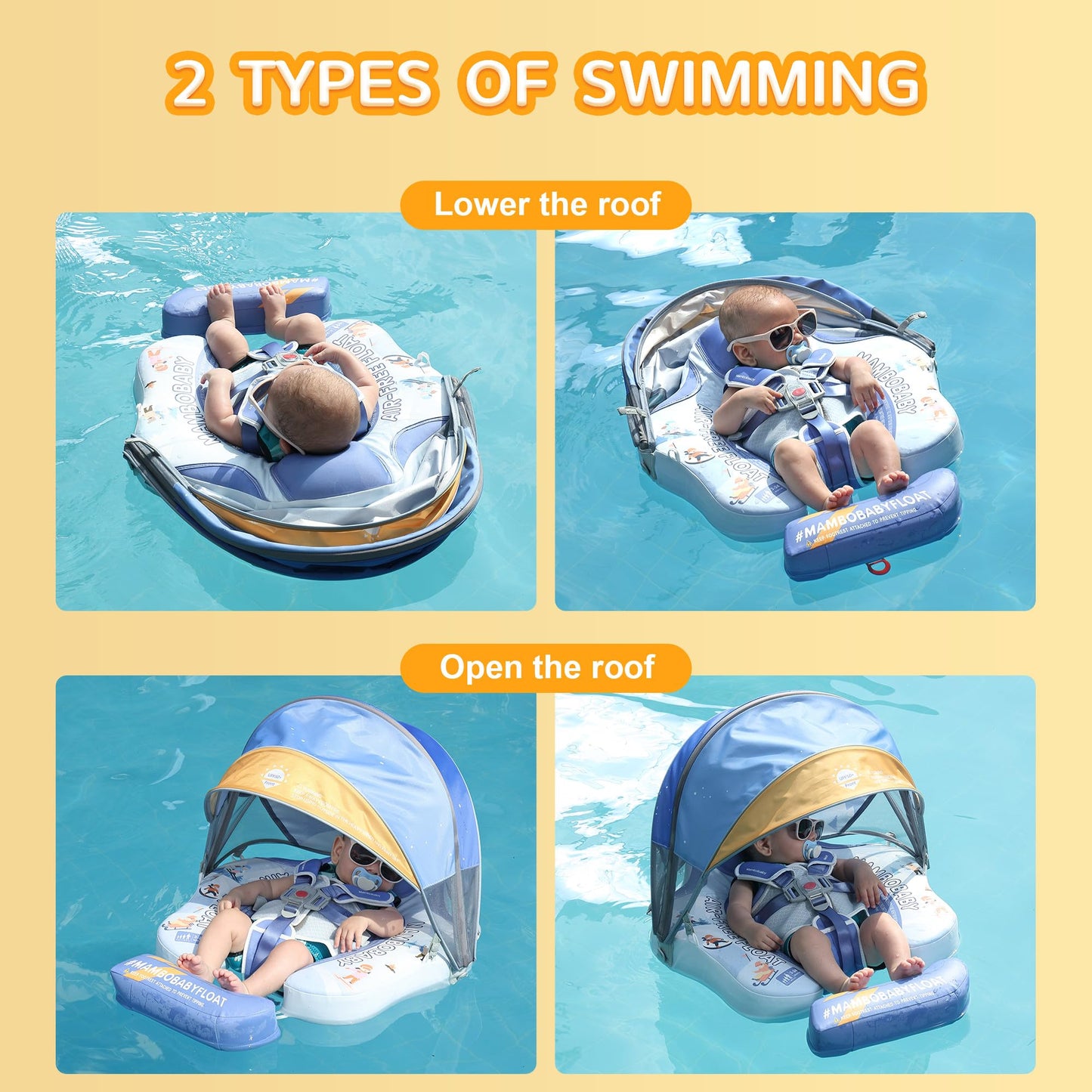 Baby Floats for Pool with Canopy Removable UPF 50+ UV Sun Protection Canopy，Mambobaby Infant Pool Float Non Inflatable Soft Skin-Friendly Leather Material Infant Swim Float 3-24 Months