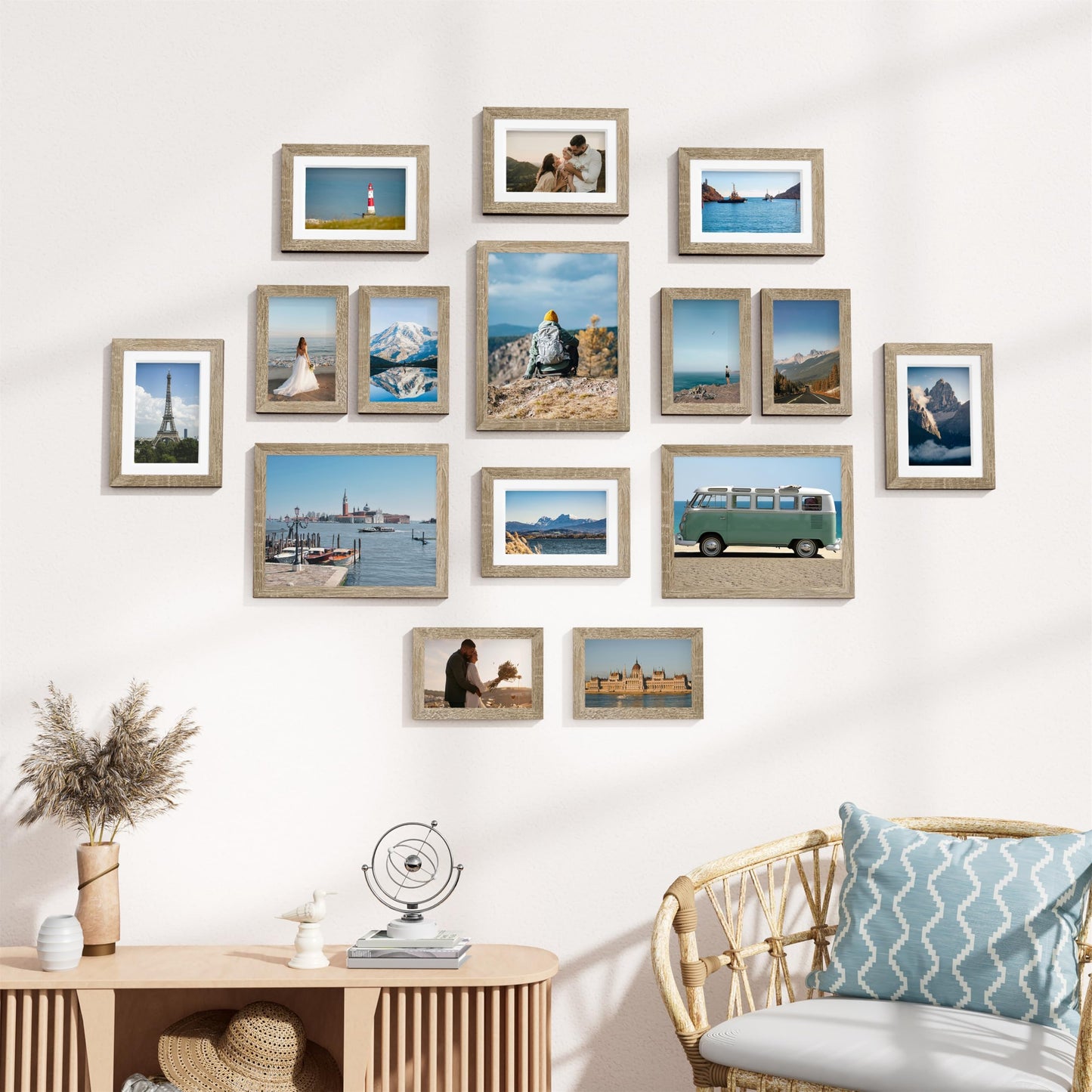 Vittanly 15 Pack Picture Frames Collage Wall Decor, Multi Sizes Including 3pcs 8x10, 6pcs 5x7 and 6pcs 4x6 Photo Frames, Gallery Frame Set for Wall or Tabletop Display, Light Wood