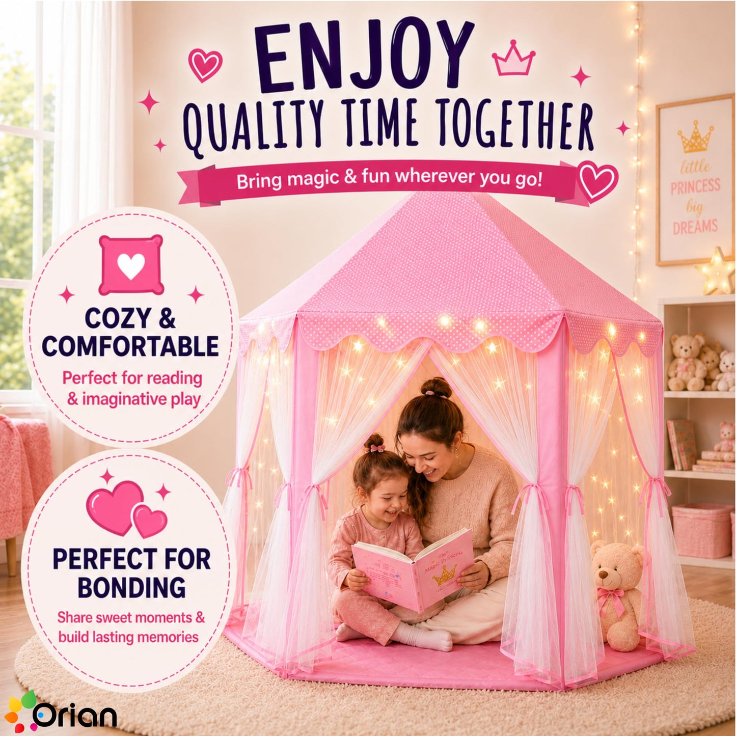 ORIAN Princess Castle Playhouse Tent for Girls with LED Star Lights – Indoor & Outdoor Large Kids Play Tent for Imaginative Games – ASTM Certified, Princess Tent, 230 Polyester Taffeta. Pink 55"x53".