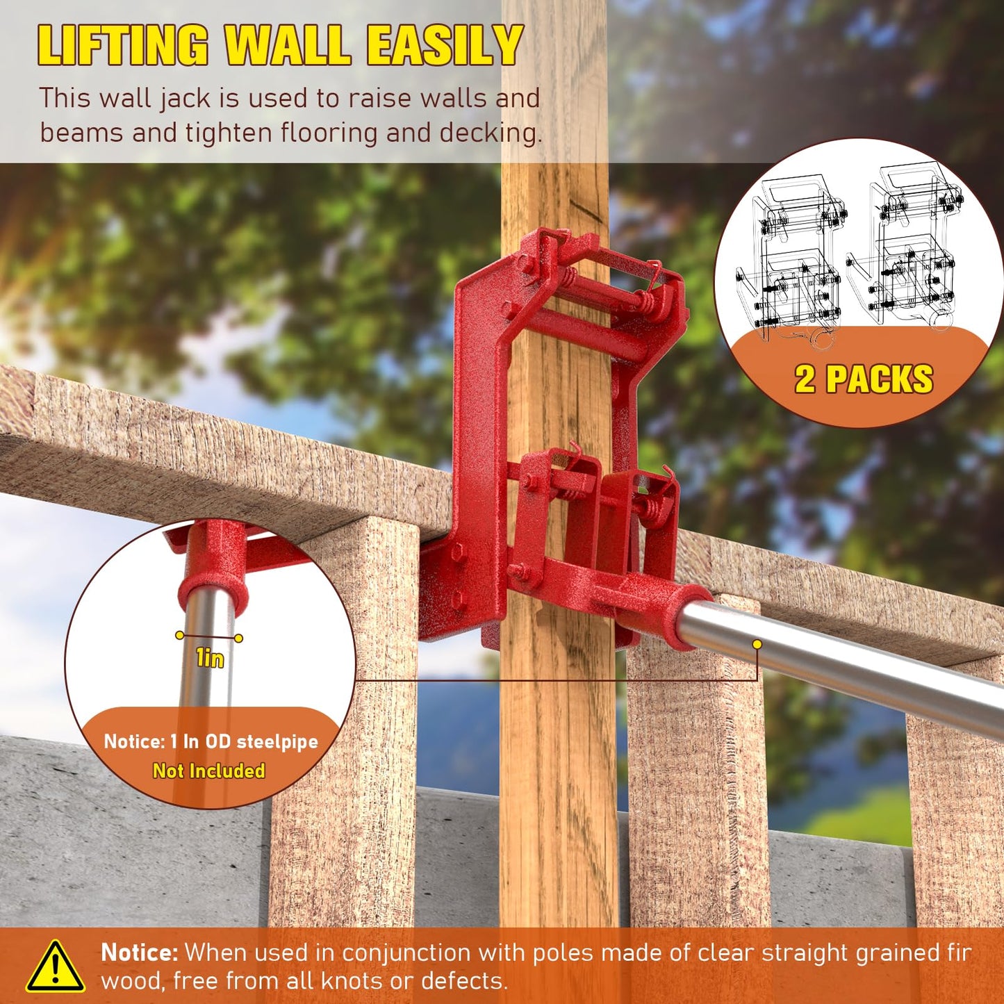 2 Pack Wall Jack, Portable Wall Jacks for Framing, Use with 1-1/2 X 3-1/2 in Fir Poles Or 1 in Od Steel Pipe, Malleable Casting Iron Wall Jack for Lifting Wall Beams, Capacity of Lifting 1,000 lbs