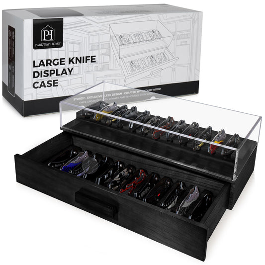 Large Black Pocket Knife Display Case – Wooden Pocket Knife Case Box for 24 Knives with Sturdy Clear Cover – Large Knife Storage Organizer and Knife Cases for Collections with EDC Drawer, Knife Box