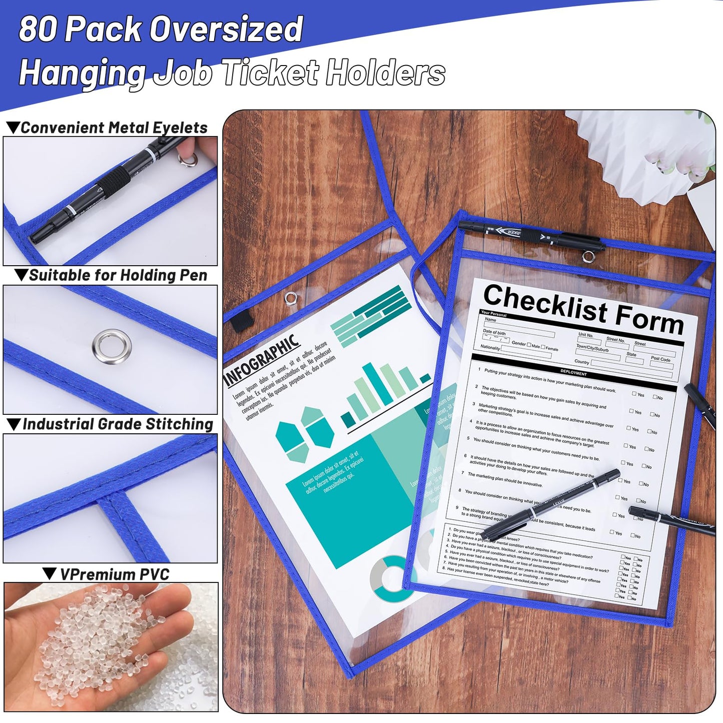 80 Pack Blue Job Ticket Holder with Hanging Strap Shop Bulk Oversized Ticket Holders Work Order Plastic Sleeves 10 x 14 Dry Erase Pockets Reusable Repair Order Sleeves, Both Sides Clear