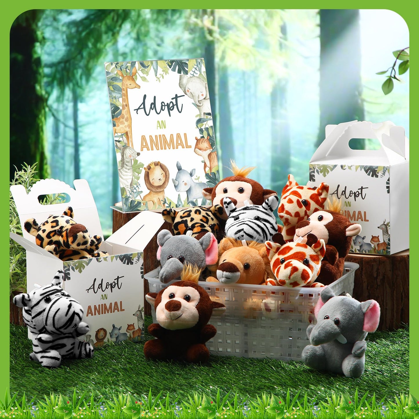 Vinsot 39 Pcs Mini Safari Stuffed Animals Set 18 Small Jungle Forest Animal Plush Toys 18 Kraft Paper Boxes Acrylic Sign Plastic Basket Adopt an Animal Favors for Birthday Supplies Gifts