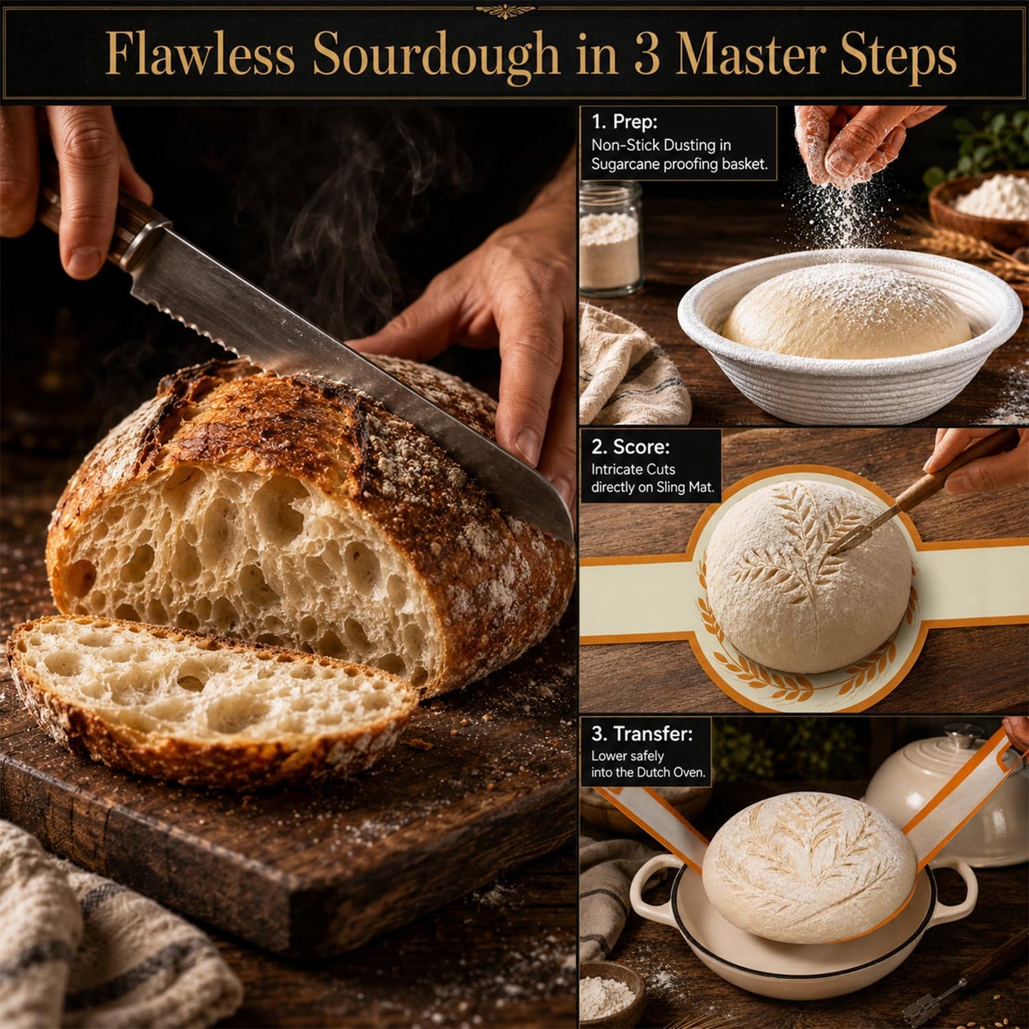 AHJ 6QT Dutch Oven For Bread Baking, Enameled Cast Iron Dutch Oven Pot with Lid, Multi-Functional Bread pan, Sourdough Baking Supplies with Proofing Basket, Cast Iron Bread Oven, Silicone Sling & Gloves.